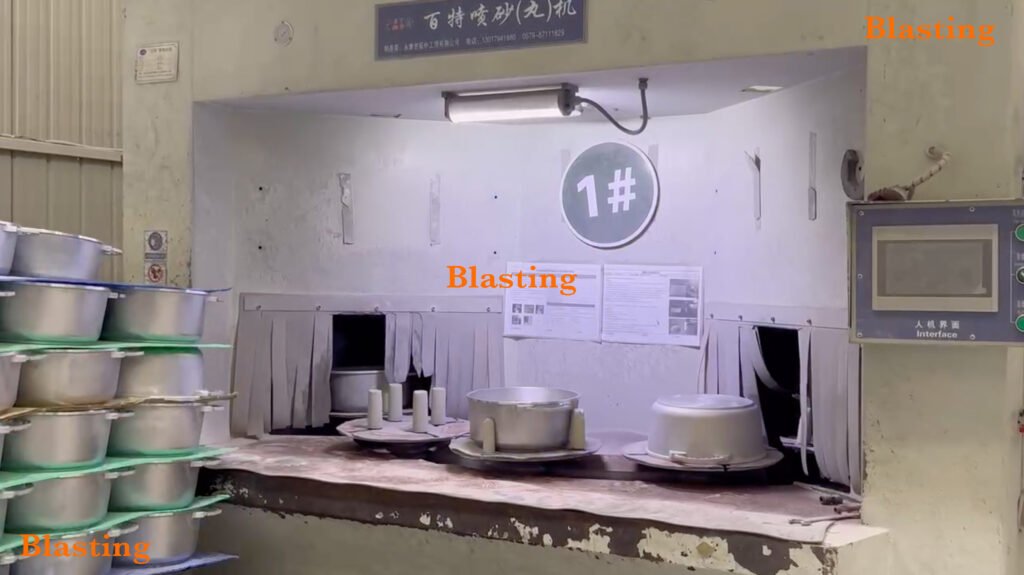 Sandblasting die cast aluminum cookware before coating
