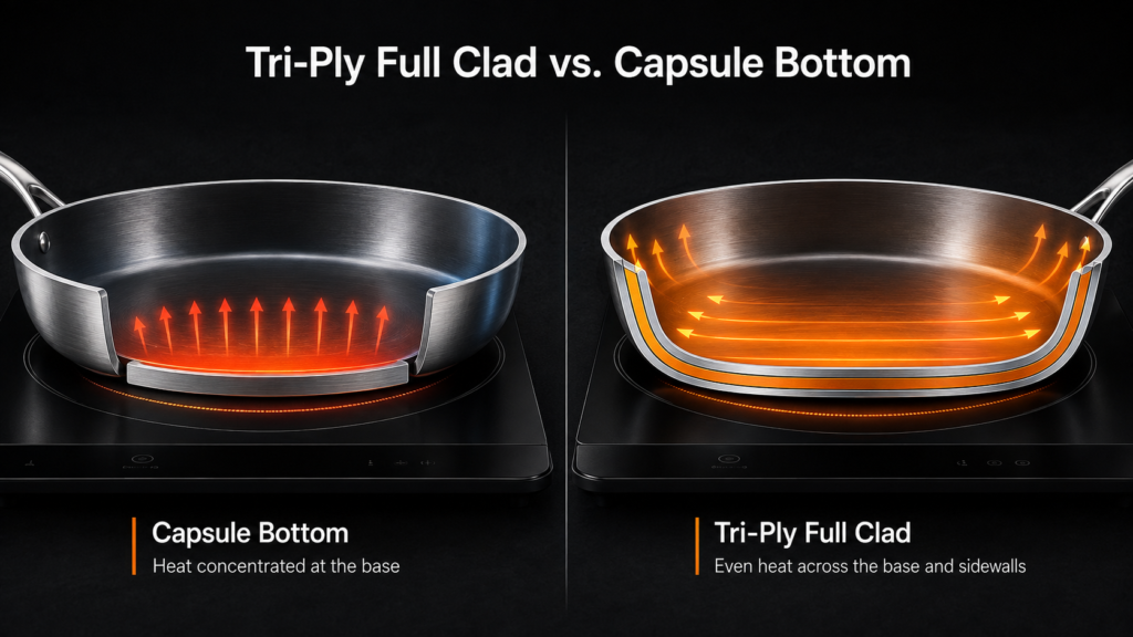 Triply full clad cookware vs normal stainless steel with capsule bottom