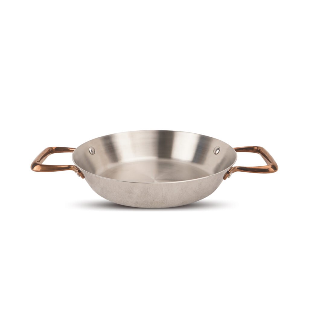 Uncoated tri-ply stainless steel frying pan with two side handles