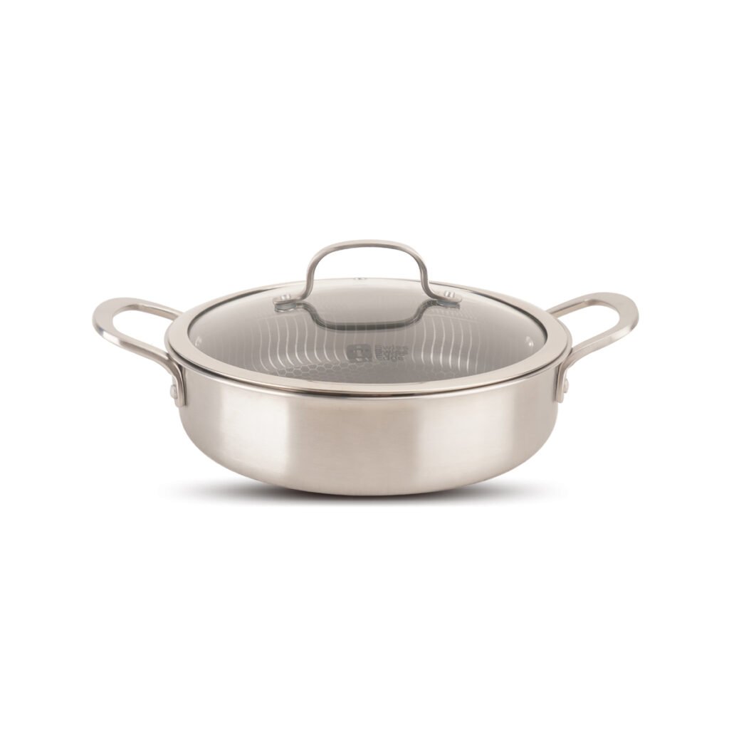 Honeycomb tri-ply stainless steel shallow casserole with lid