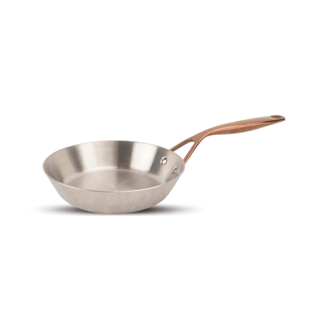 Uncoated tri-ply stainless steel frying pan with long handle