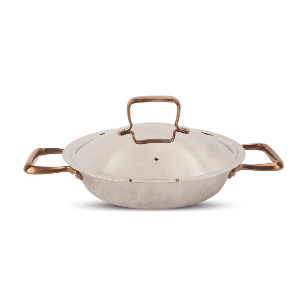 Uncoated tri-ply stainless steel shallow casserole with lid