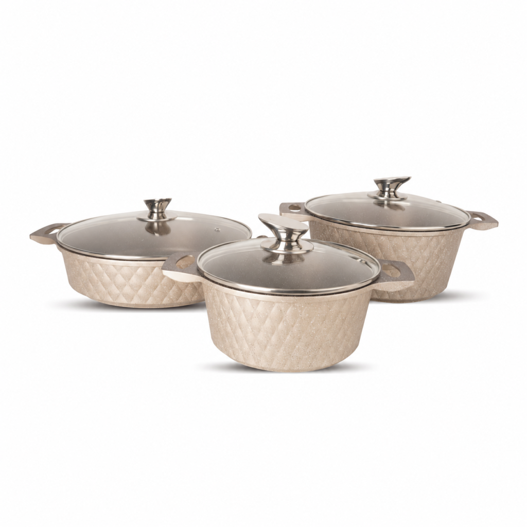 Beige cast aluminum cookware set with diamond-pattern exteriors, glass lids and stainless steel knobs