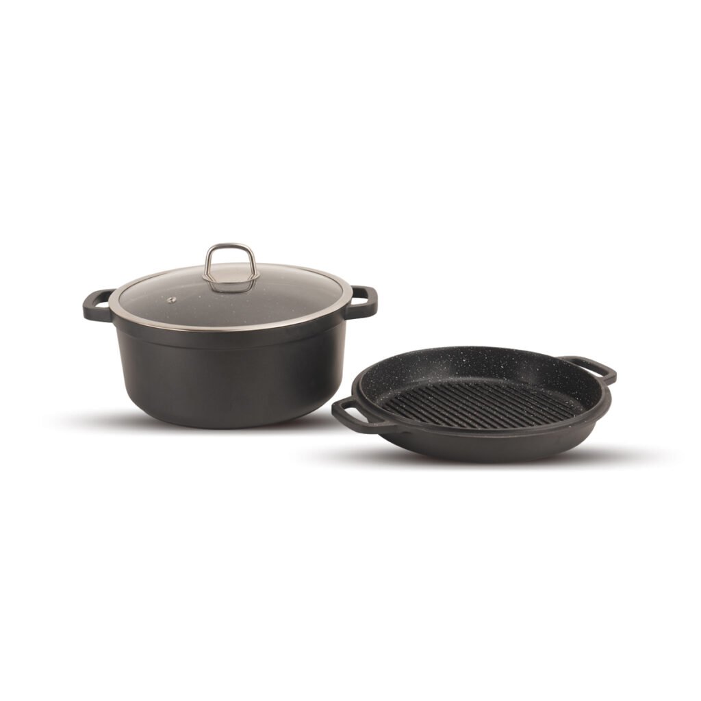 Black cast aluminum Dutch oven with a glass lid and a separate ridged grill pan lid
