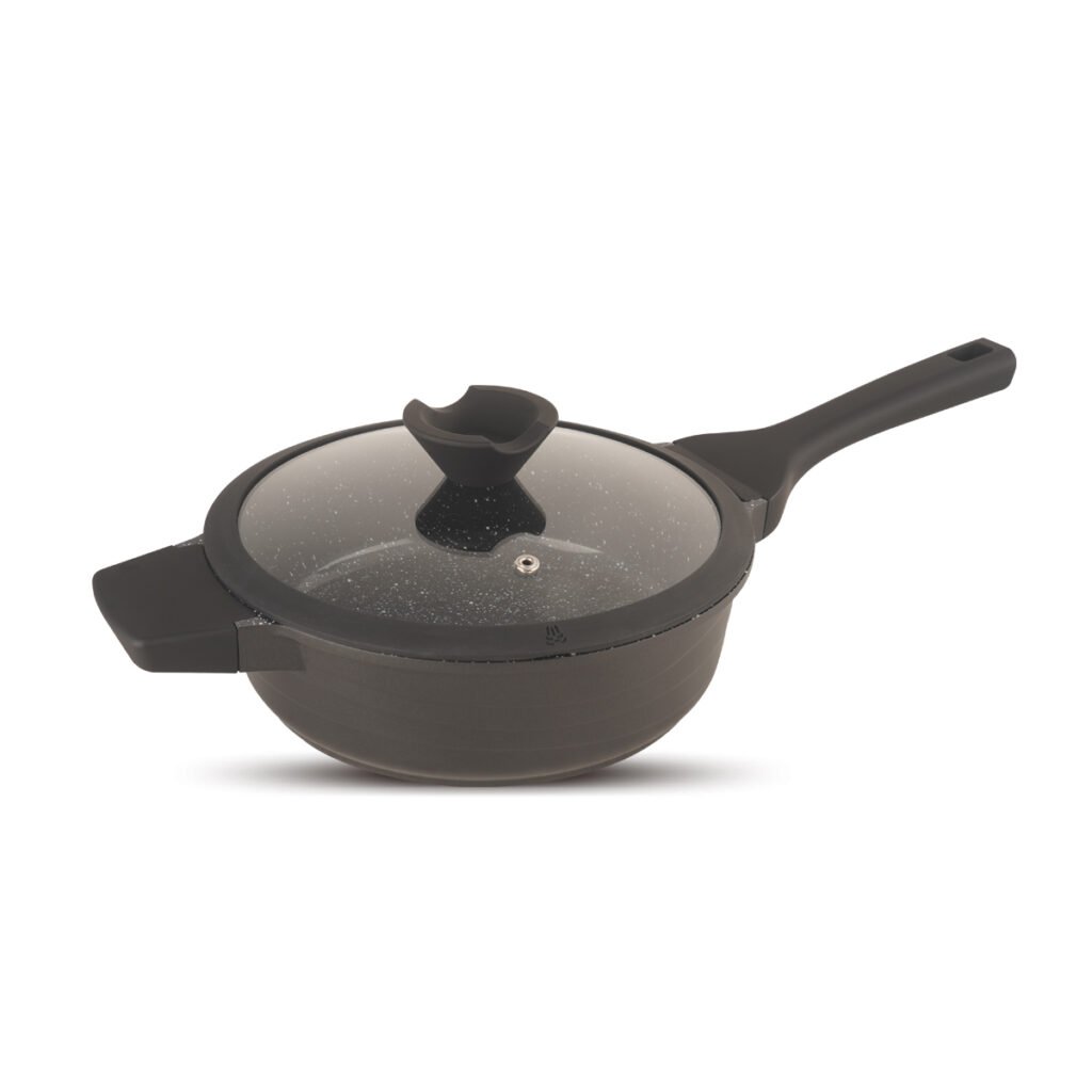 Die cast aluminum deep frying pan with deep sides and a long handle
